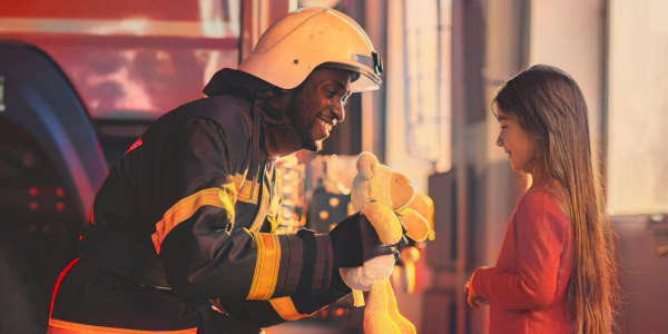 firefighter handing a child a teddy bear